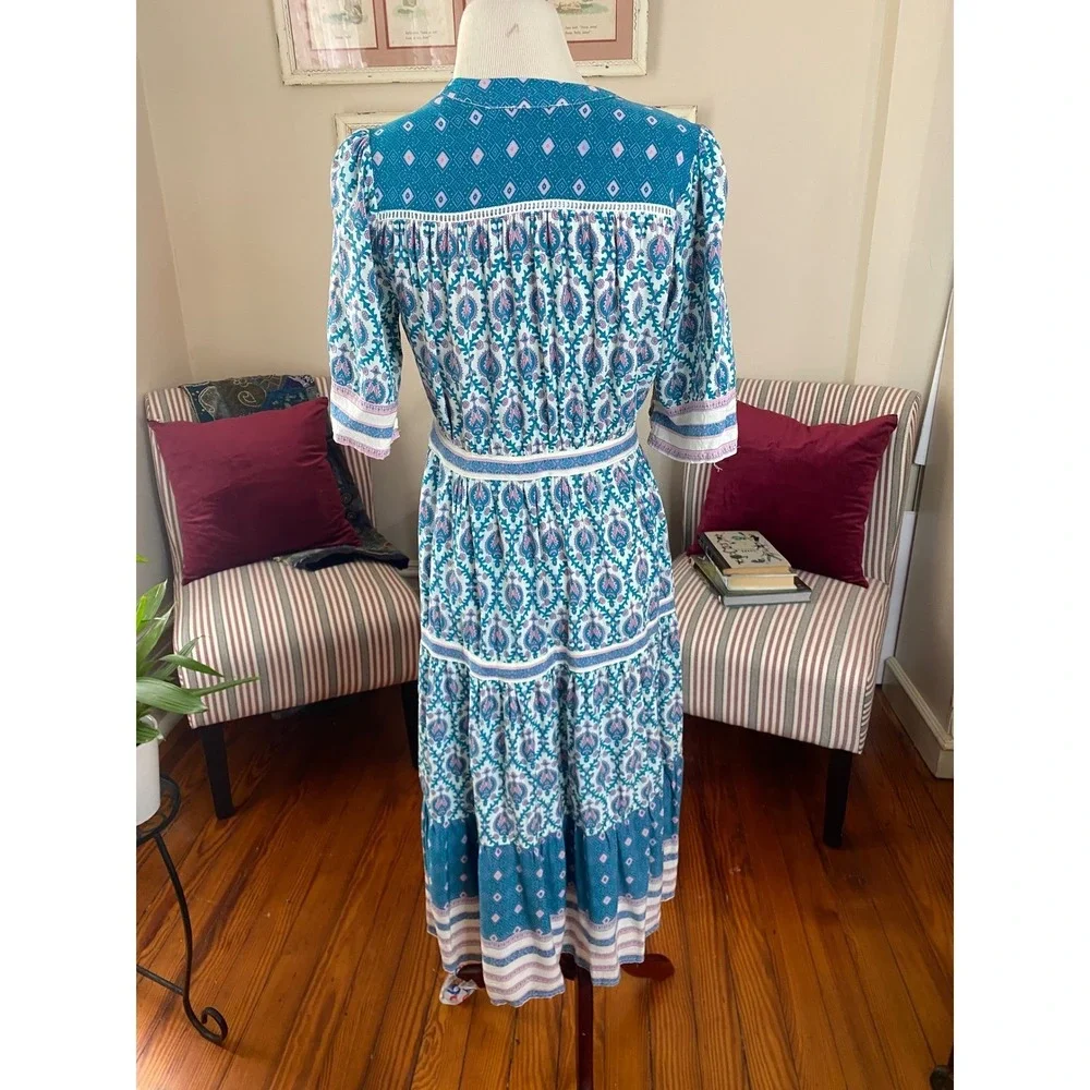 FP TO LOVE Boho Blue Pink Paisley‎ Button Front Tiered Midi Dress SZ M